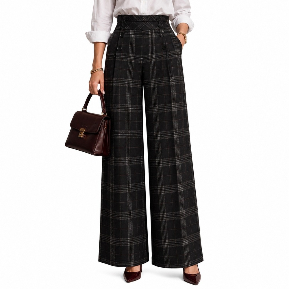Express Design Studio Editor Pants Womens 6 Black Plaid Purple Sailor‎ Wide Leg